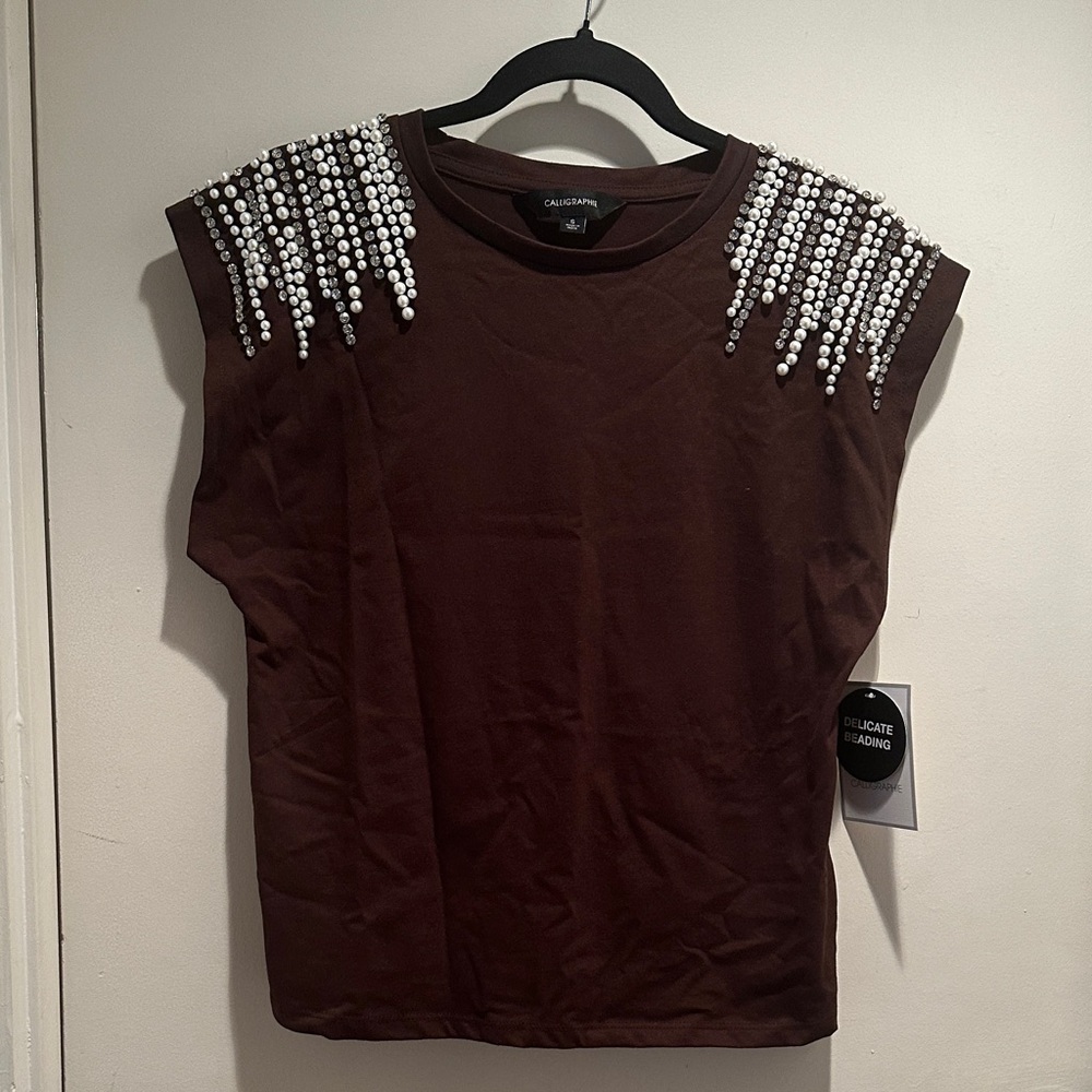 Calligraphie Brand New w. Tags Brown Top with Pearl and Cristal Embellishments